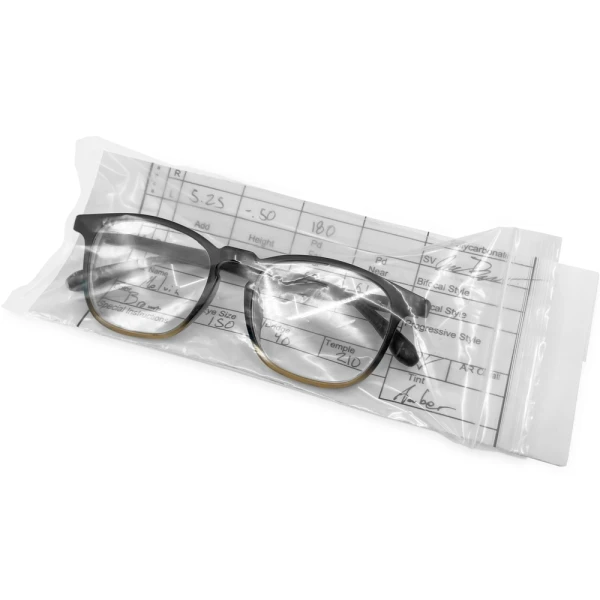 3.5 x 7.5 2 Mil Optical Bag with Document Pouch Glasses and Form 3.5 x 7.5 2 Mil Optical Bag with Document Pouch with Pair of Glasses and Optic Form Inside