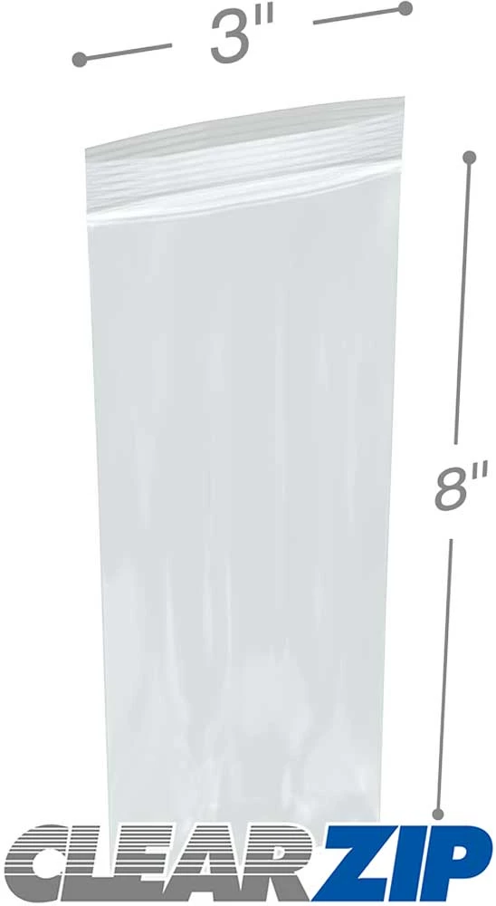 Measurements of 3 x 8 Zipper Locking Bags Clearzip 2 Mil