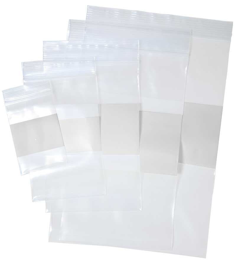 Economy Zip-Lock Bags with White Block for Notes Pkg of 100 (Choose Size)