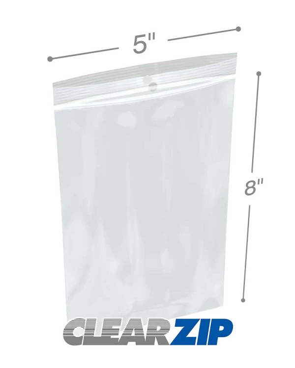 5 x 8 Hang Hole Zipper Locking 2 Mil  Polypropylene Bags