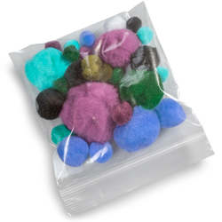 5 x 5 2 Mil Clearzip Lock Top Bag with Colored Pom Poms in Bag