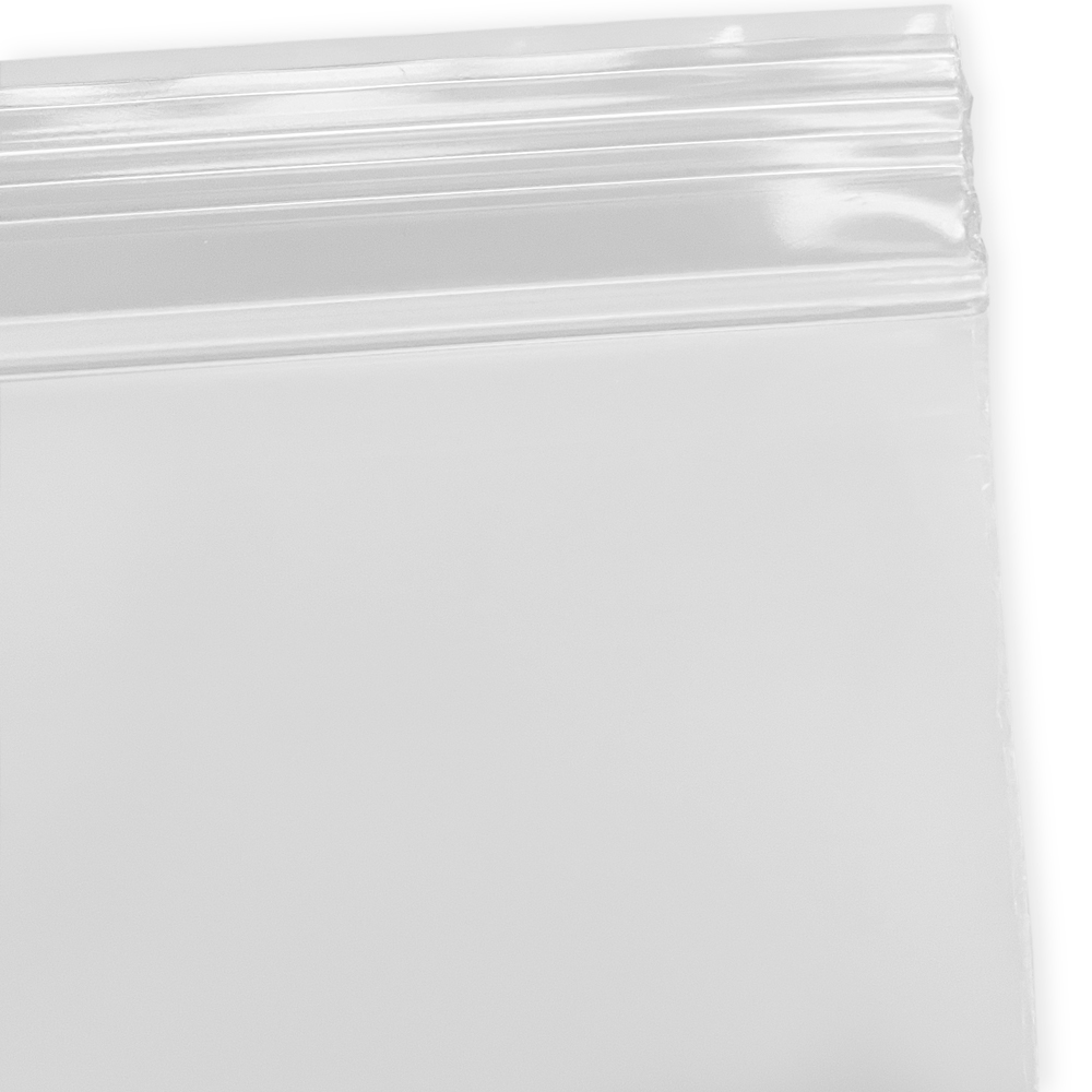 Close up of 6 Mil 10 x 12 White Block Clearzip Lock Top Bags Zipper