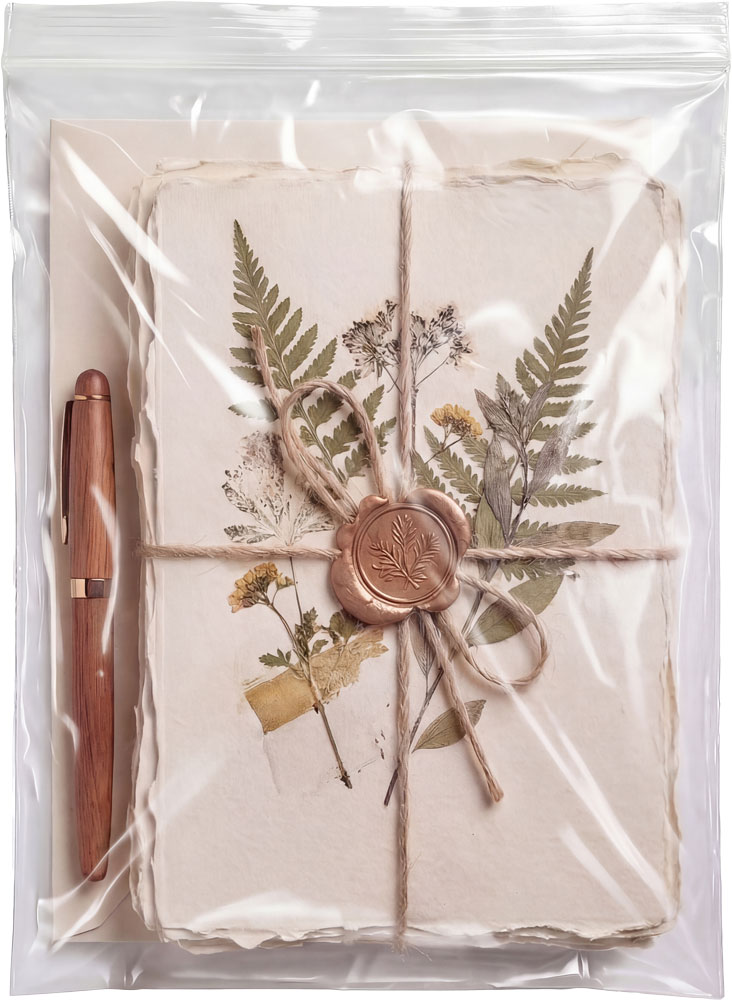 Handmade Stationary set inside of a 6 x 8 Clearzip Locking Top Bags 1.25 Mil