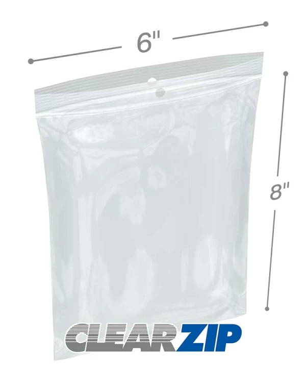 6 x 8 2 Mil Zipper Locking Bags with Hanghole