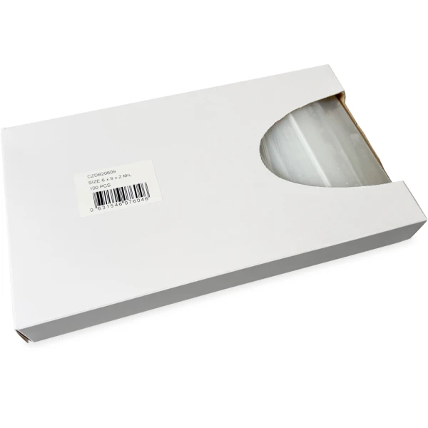 Opened Side Dispensing of 6 x 9 2 Mil Clearzip Lock Top Bags w/ Dispenser Box