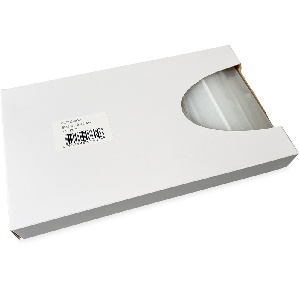 Opened Side Dispensing of 6 x 9 2 Mil Clearzip Lock Top Bags w/ Dispenser Box