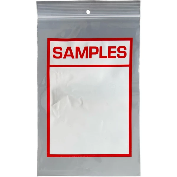 6X9 4-mil Zipper Locking Printed SAMPLES Bags with White Block 6X9 4 mil SAMPLES Bags with White Block
