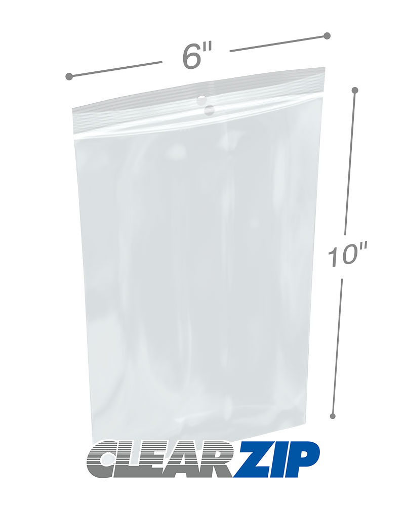 6 x 10 Hang Hole Clearzip LockingTop Bags 2 Mil