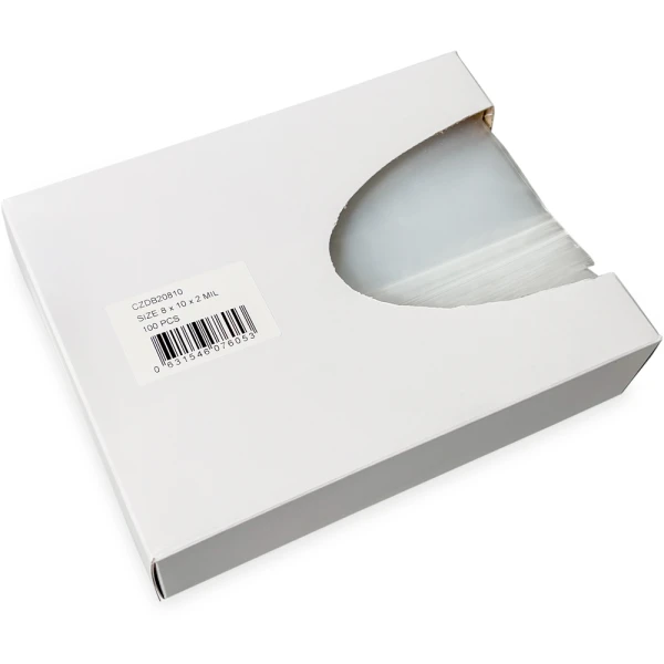 Opened Side Dispensing of 8 x 10 2 Mil Clearzip Lock Top Bags w/ Dispenser Box