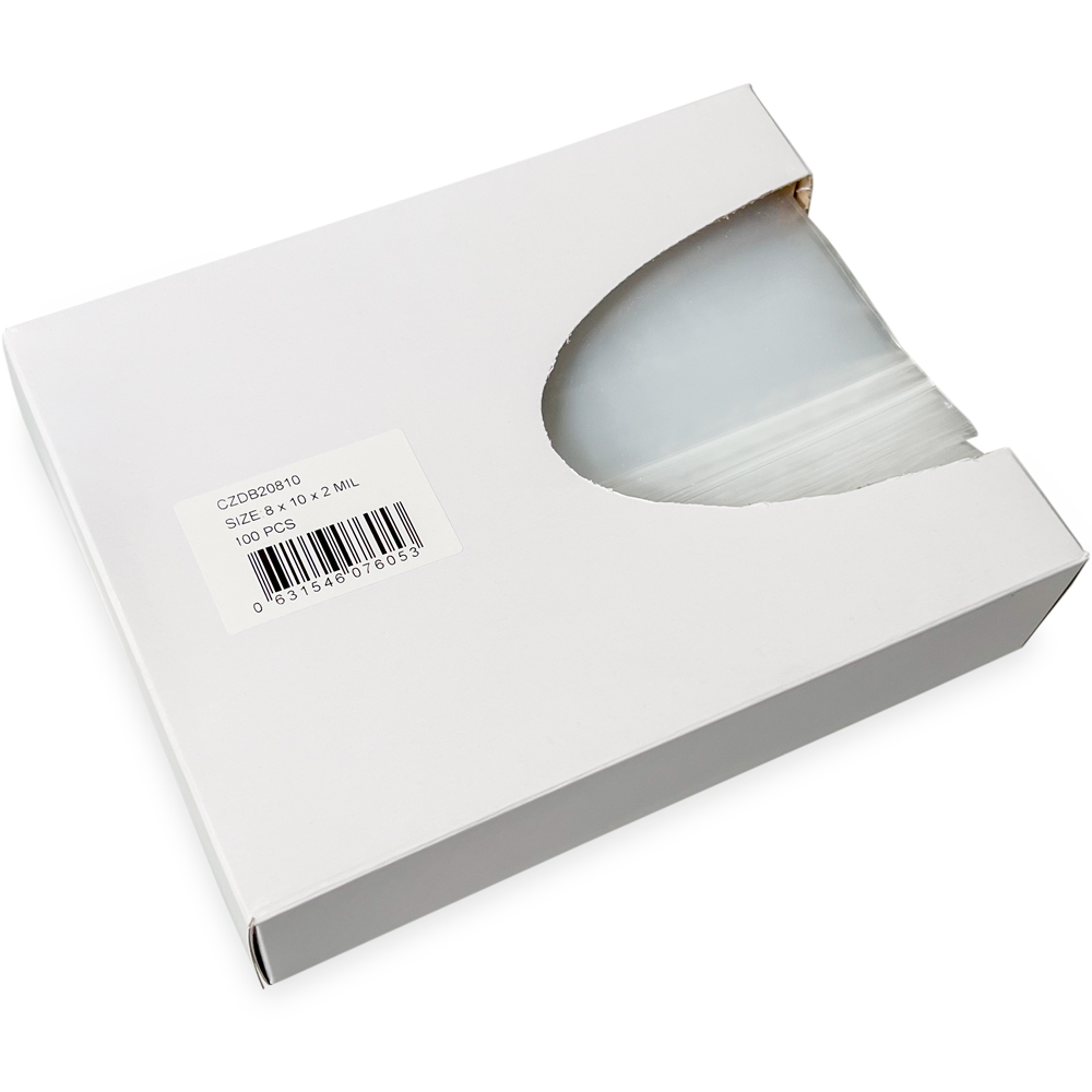 Opened Side Dispensing of 8 x 10 2 Mil Clearzip Lock Top Bags w/ Dispenser Box