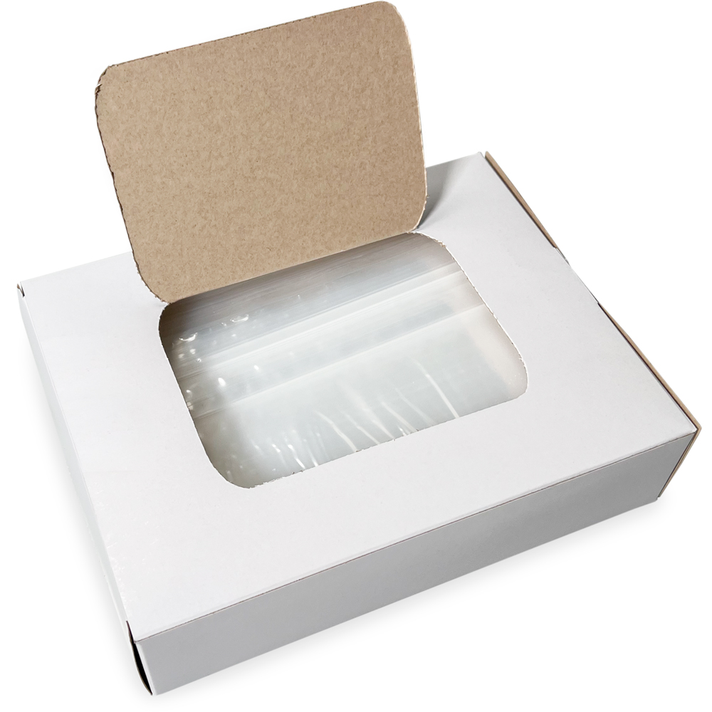 Opened Top Dispensing of 8 x 10 2 Mil Clearzip Lock Top Bags w/ Dispenser Box