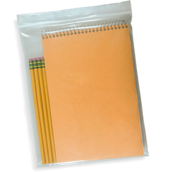8 x 10 3 Mil Clearzip Lock Top Bags with Spiral Notebook and Pencils in Bag