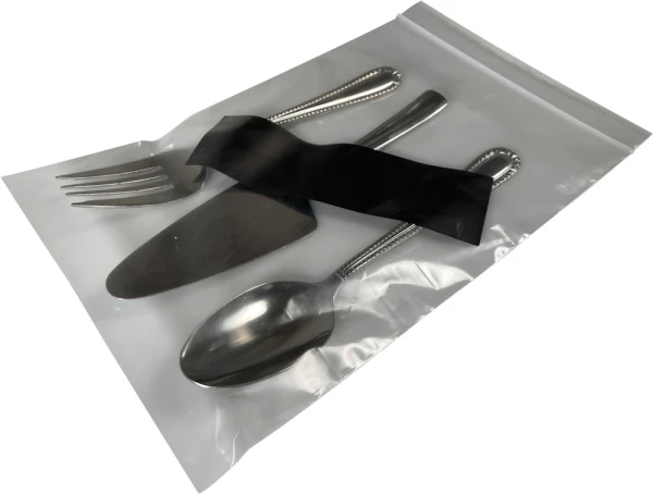 8x12 2 Mil Clearzip Lock Top Bags with silverware 8x12 2 Mil Clearzip Lock Top Bags with silverware and Black Anti-tarnish Strip