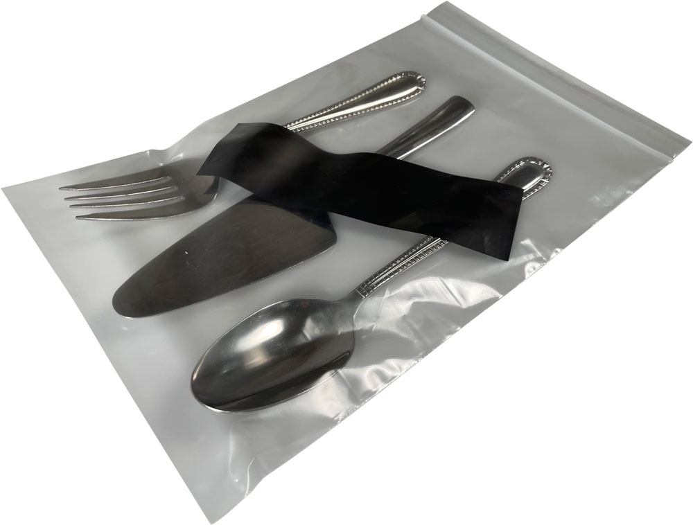 8x12 2 Mil Clearzip Lock Top Bags with silverware and Black Anti-tarnish Strip