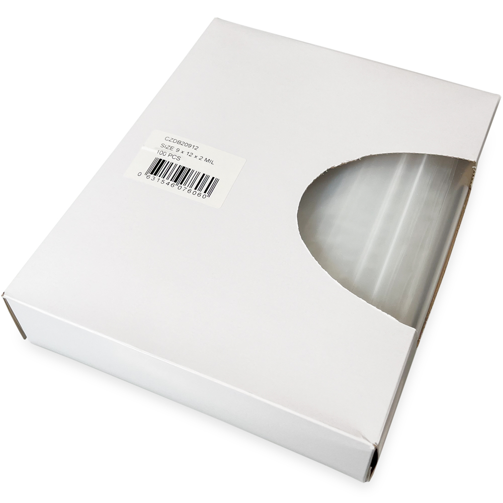 Opened Side Dispensing of 9 x 12 2 Mil Clearzip Lock Top Bags w/ Dispenser Box