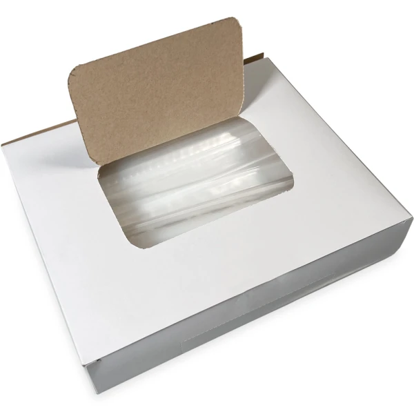 9 x 12 2 Mil Clearzip Lock Top Bags w/ Dispenser Box Top Dispensing Opening Opened Top Dispensing of 9 x 12 2 Mil Clearzip Lock Top Bags w/ Dispenser Box