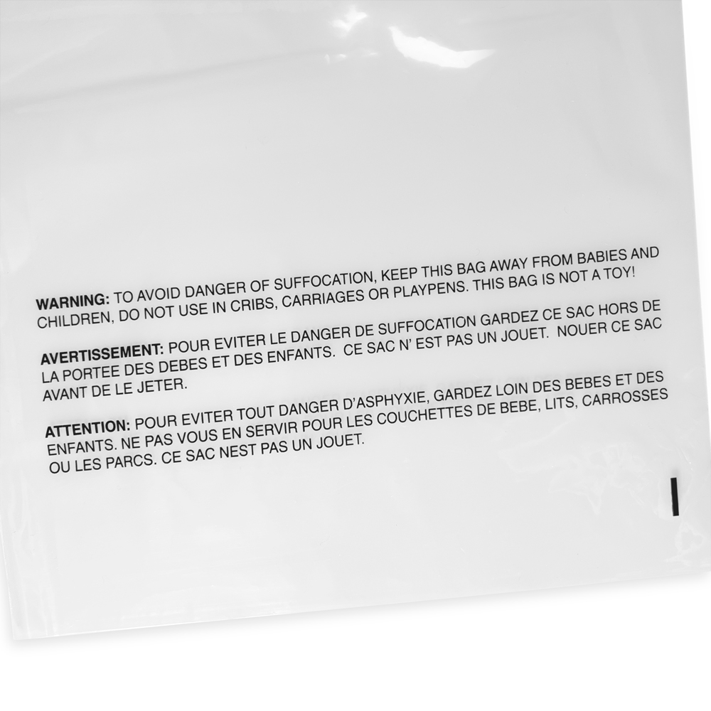 Close up of 9 x 12 Zip Locking Poly Bags Suffocation Warning