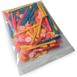 9 x 12 4 Mil Clearzip Lock Top Bag with Popsicle Sticks and Buttons in Bag