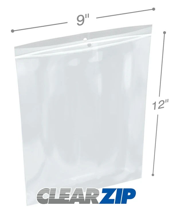9 x 12 Clearzip Locking Top Bags with Hang Hole 2 Mil