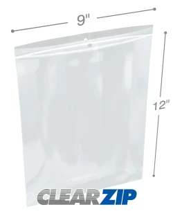 9" x 12" 2 Mil Clearzip Lock Top Hang Hole Bags