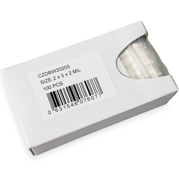 Opened Side Dispensing of Dispenser Box 2 x 3 2 Mil White Block Clearzip Lock Top Bags