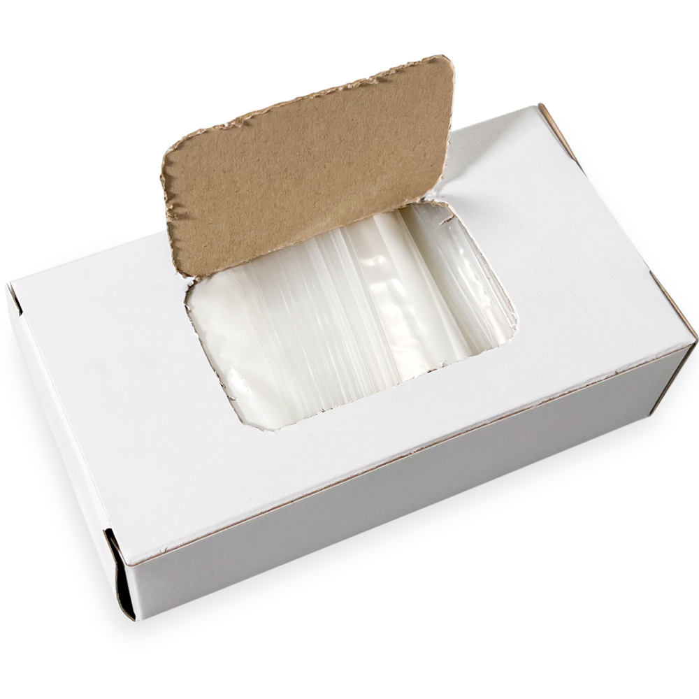 Opened Top Dispensing of Dispenser Box 2 x 3 2 Mil White Block Clearzip Lock Top Bags