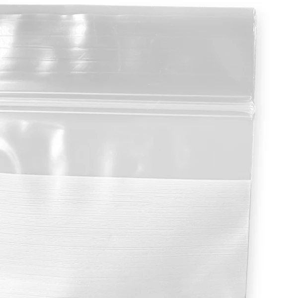 Close up of Dispenser Box 2 x 3 2 Mil White Block Clearzip Lock Top Bags Zipper