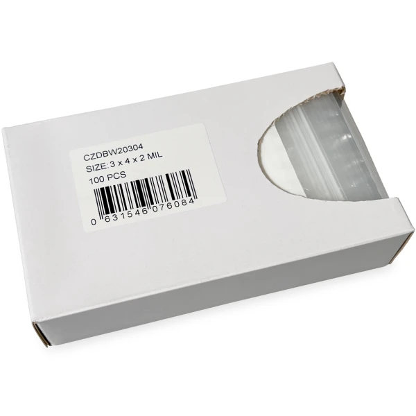 Dispenser Box 3 x 4 2 Mil White Block Clearzip Lock Top Bags Side Dispensing Opening Opened Side Dispensing of Dispenser Box 3 x 4 2 Mil White Block Clearzip Lock Top Bags