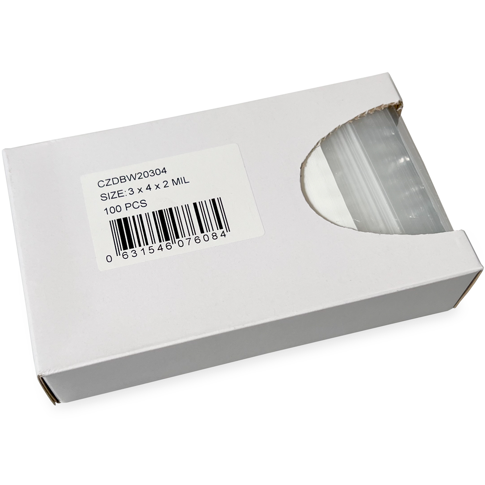 Opened Side Dispensing of Dispenser Box 3 x 4 2 Mil White Block Clearzip Lock Top Bags