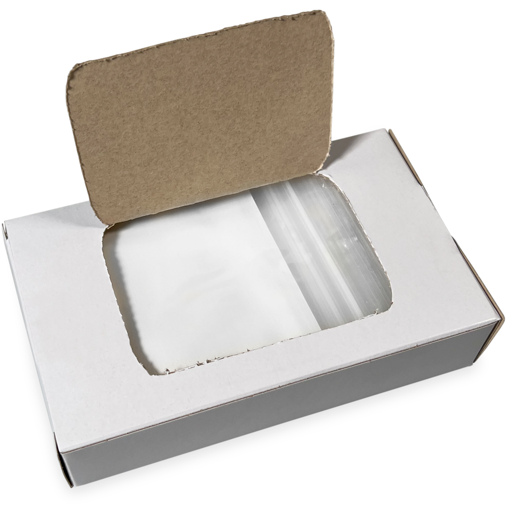 Opened Top Dispensing of Dispenser Box 3 x 4 2 Mil White Block Clearzip Lock Top Bags