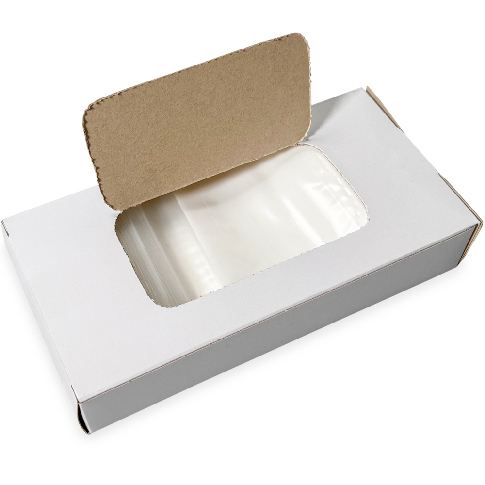 Opened Top Dispensing of Dispenser Box 3 x 5 2 Mil White Block Clearzip Lock Top Bags