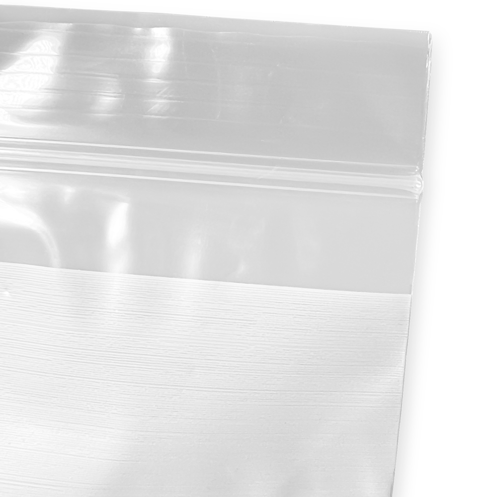 Close up of Dispenser Box 3 x 5 2 Mil White Block Clearzip Lock Top Bags Zipper