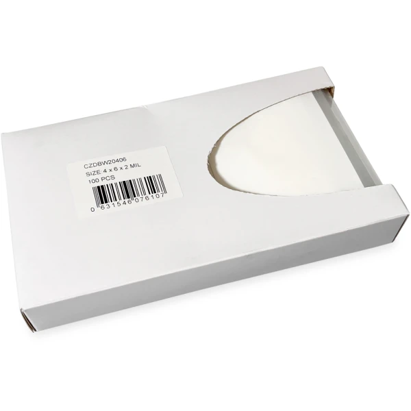 Dispenser Box 4 x 6 2 Mil White Block Clearzip Lock Top Bags Side Dispensing Opening Opened Side Dispensing of Dispenser Box 4 x 6 2 Mil White Block Clearzip Lock Top Bags