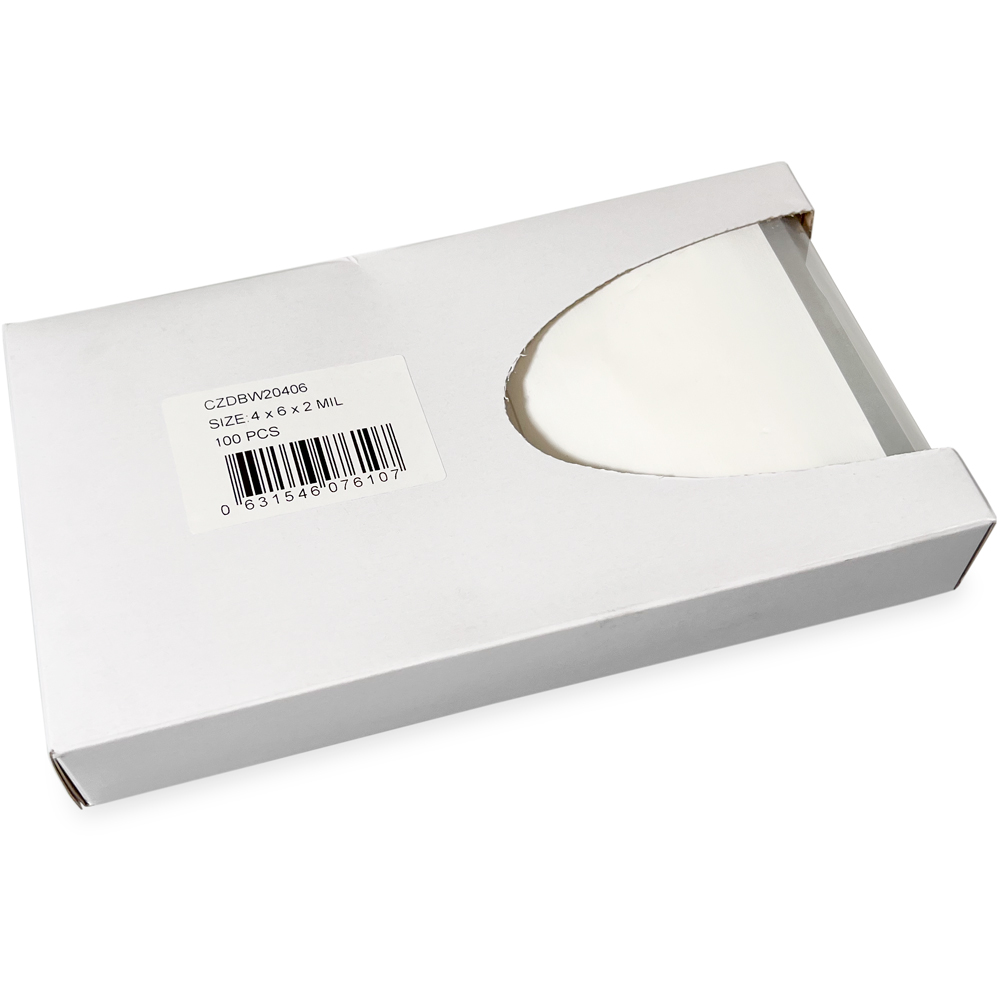 Opened Side Dispensing of Dispenser Box 4 x 6 2 Mil White Block Clearzip Lock Top Bags