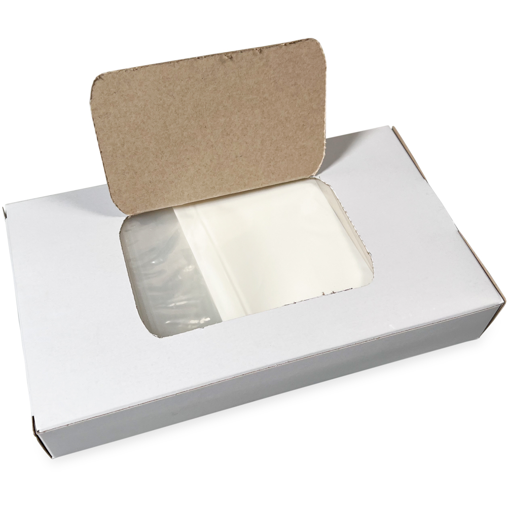 Opened Top Dispensing of Dispenser Box 4 x 6 2 Mil White Block Clearzip Lock Top Bags