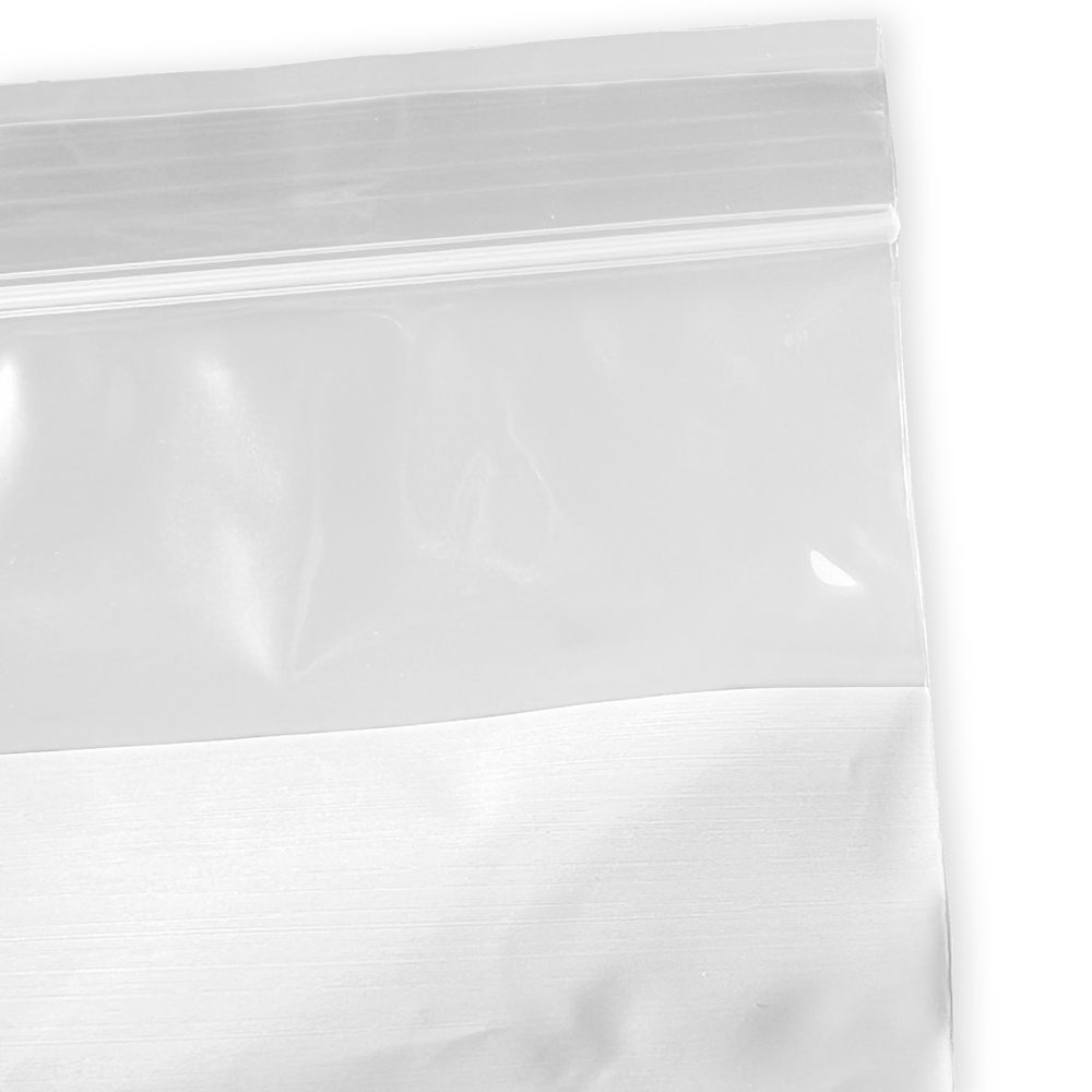 Close up of Dispenser Box 4 x 6 2 Mil White Block Clearzip Lock Top Bags Zipper