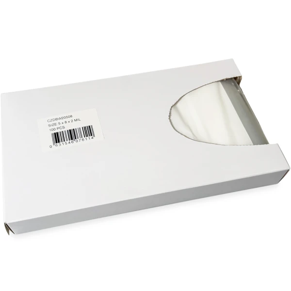 Dispenser Box 5 x 8 2 Mil White Block Clearzip Lock Top Bags Side Dispensing Opening Opened Side Dispensing of Dispenser Box 5 x 8 2 Mil White Block Clearzip Lock Top Bags