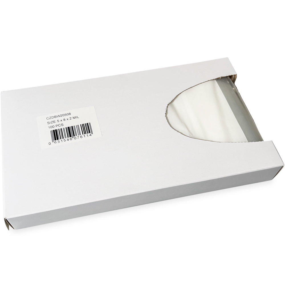 Opened Side Dispensing of Dispenser Box 5 x 8 2 Mil White Block Clearzip Lock Top Bags