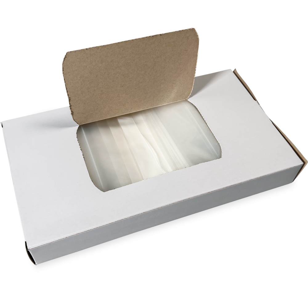 Opened Top Dispensing of Dispenser Box 5 x 8 2 Mil White Block Clearzip Lock Top Bags