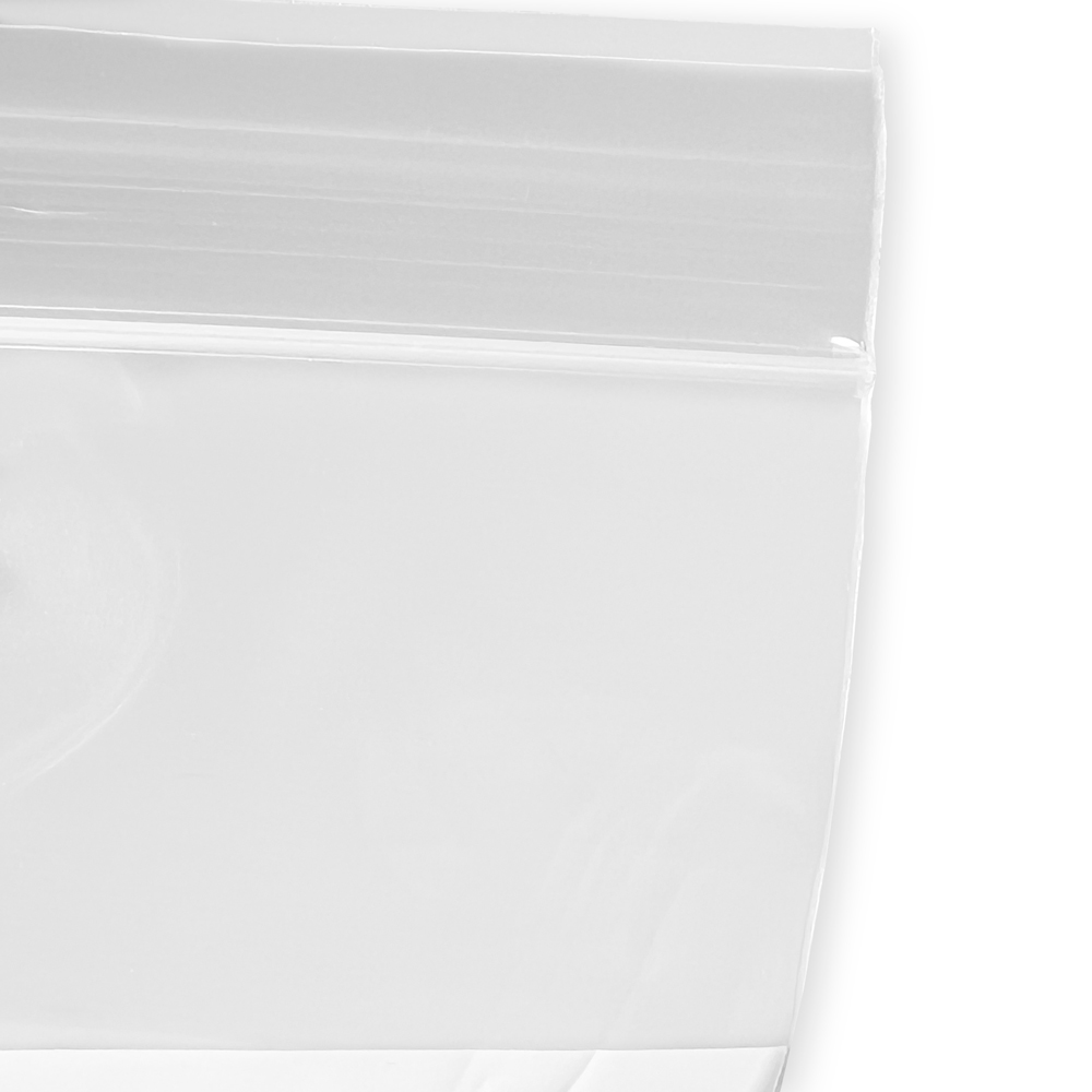 Close up of Dispenser Box 5 x 8 2 Mil White Block Clearzip Lock Top Bags Zipper