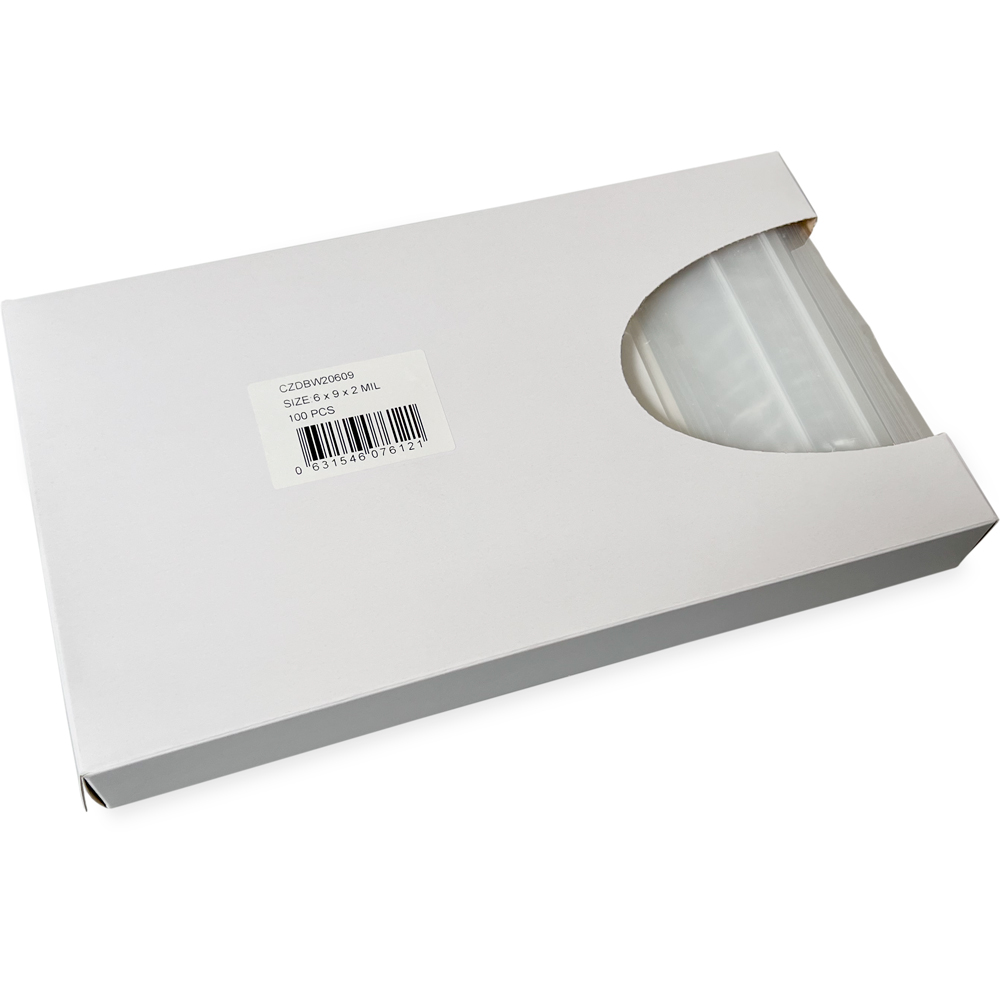 Opened Side Dispensing of Dispenser Box 6 x 9 2 Mil White Block Clearzip Lock Top Bags