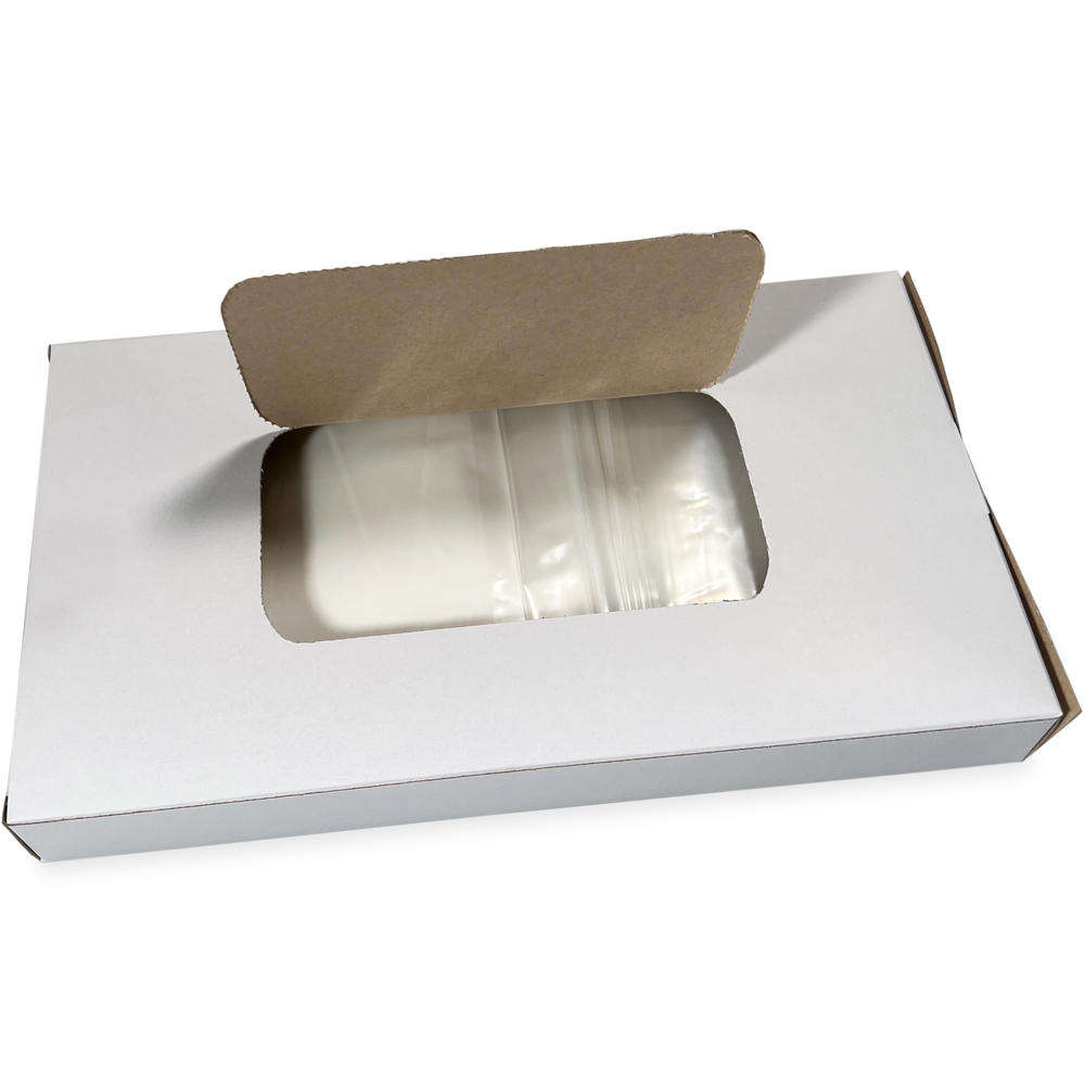 Opened Top Dispensing of Dispenser Box 6 x 9 2 Mil White Block Clearzip Lock Top Bags