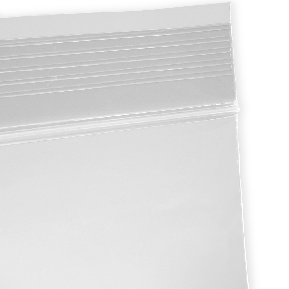 Close up of Dispenser Box 6 x 9 2 Mil White Block Clearzip Lock Top Bags Zipper