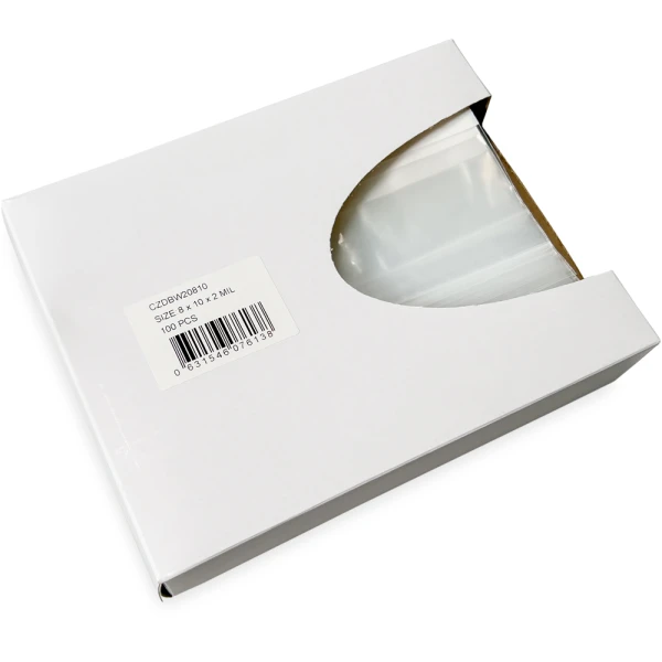 Dispenser Box 8 x 10 2 Mil White Block Clearzip Lock Top Bags Side Dispensing Opening Opened Side Dispensing of Dispenser Box 8 x 10 2 Mil White Block Clearzip Lock Top Bags