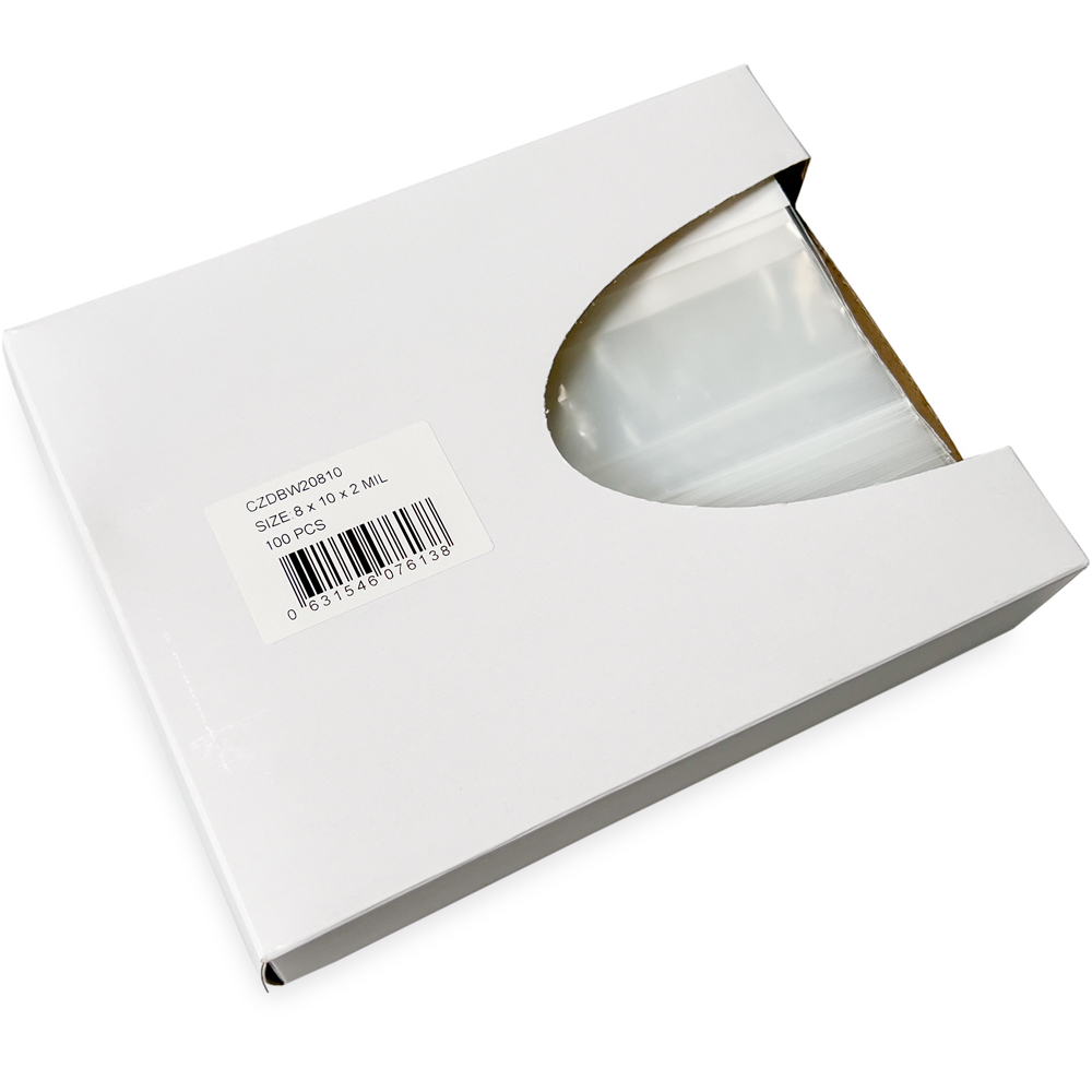 Opened Side Dispensing of Dispenser Box 8 x 10 2 Mil White Block Clearzip Lock Top Bags