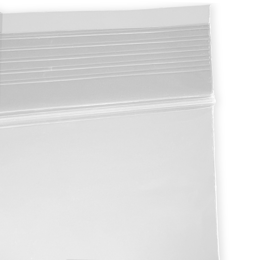 Close up of Dispenser Box 8 x 10 2 Mil White Block Clearzip Lock Top Bags Zipper