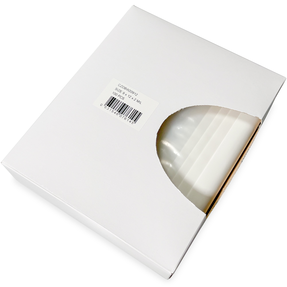 Opened Side Dispensing of Dispenser Box 9 x 12 2 Mil White Block Clearzip Lock Top Bags