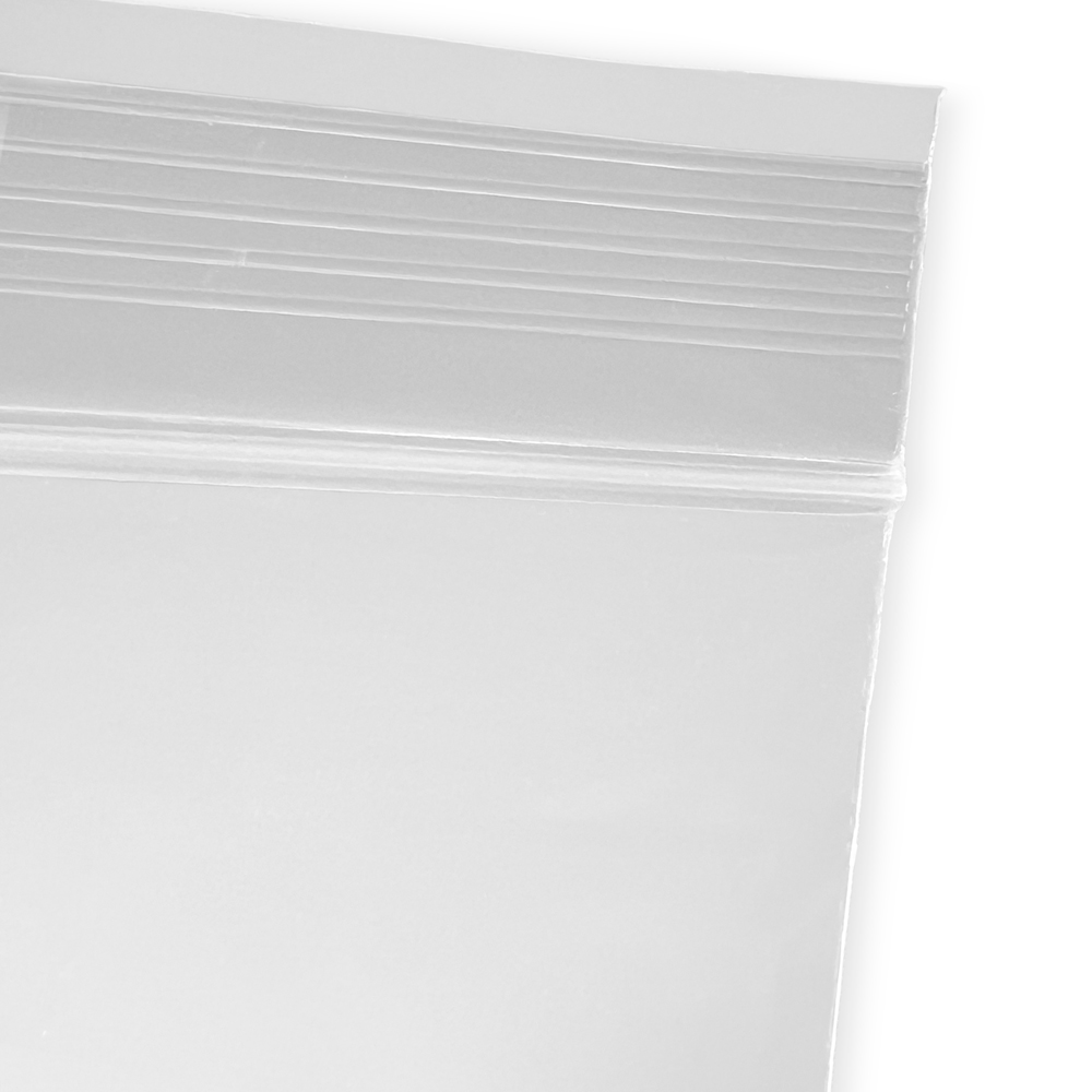 Close up of Dispenser Box 9 x 12 2 Mil White Block Clearzip Lock Top Bags Zipper